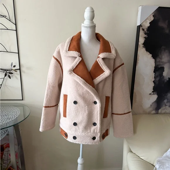 Blank NYC Pick Me Cream & Brown Faux Fur Sherpa Teddy Jacket Coat Sz Medium NWT - Picture 14 of 15